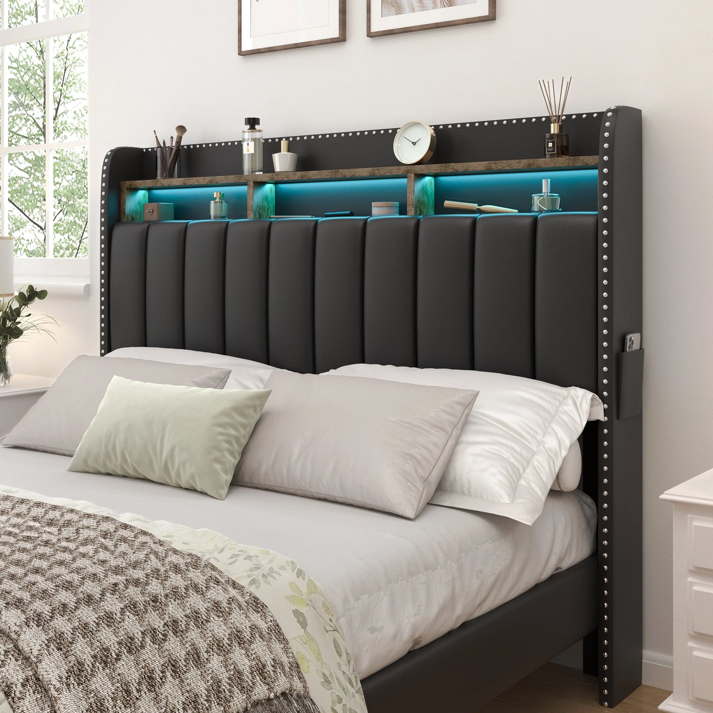 Queen LED Bed Frame W/ 2-Tier Wingback Headboard