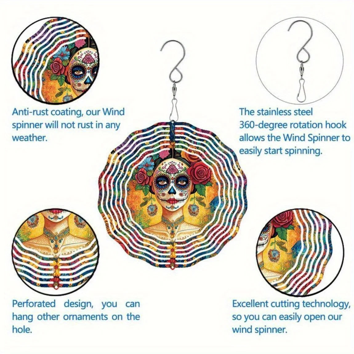 Vibrant Day of the Dead Skull Metal Wind Chime