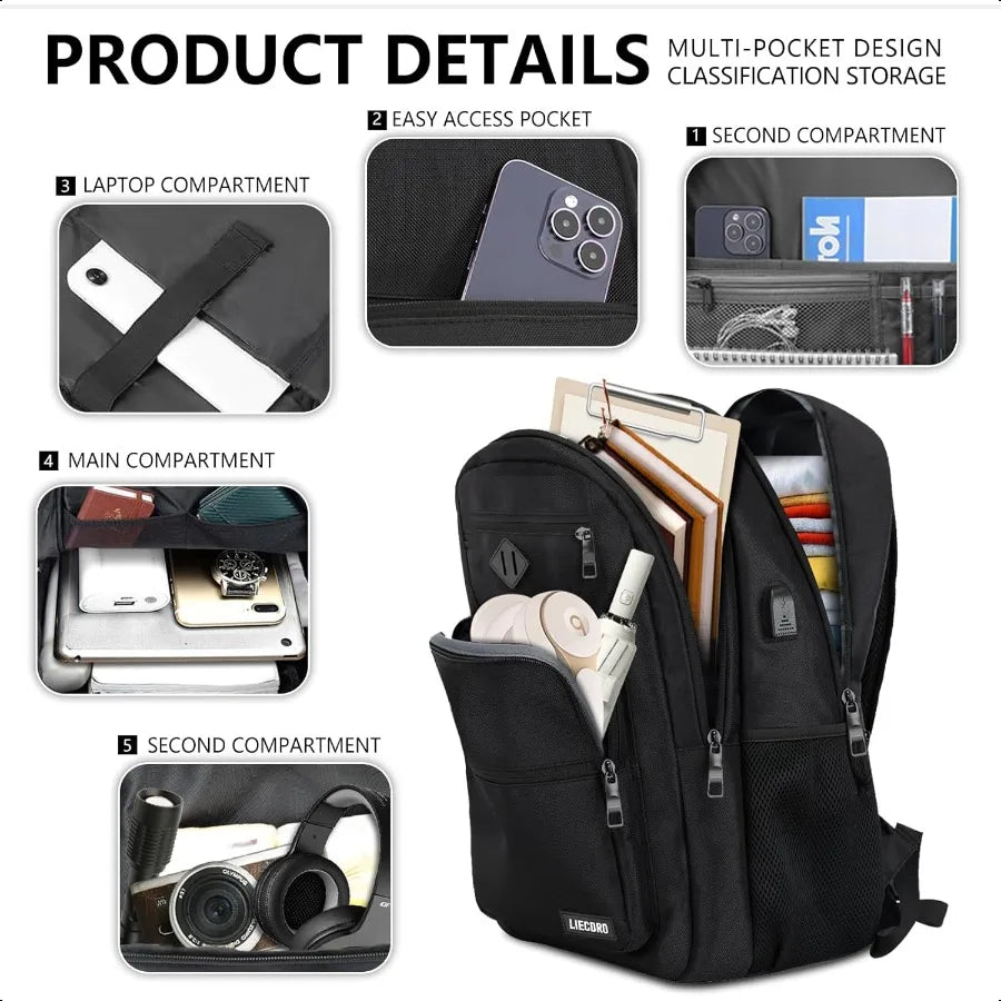 Black Backpack for Men with USB Charging Port
