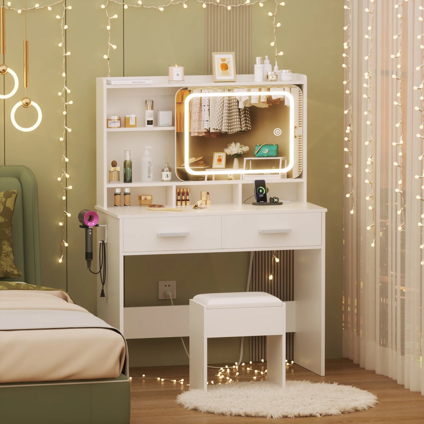 Vanity Desk with LED Lights Mirror and Power Outlets