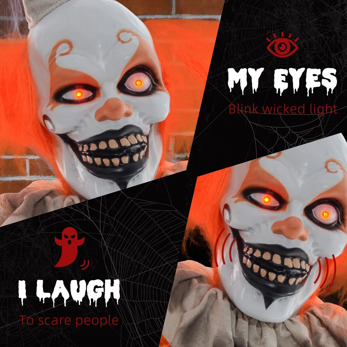 Halloween Clown Animatronic Prop with Light-Up Eyes
