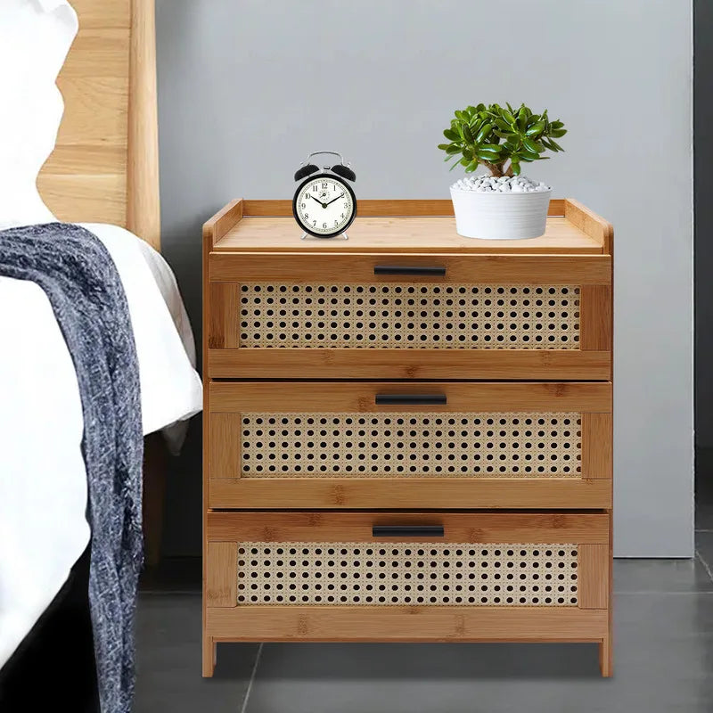3- Drawer Bamboo Wood Bedside Nightstand