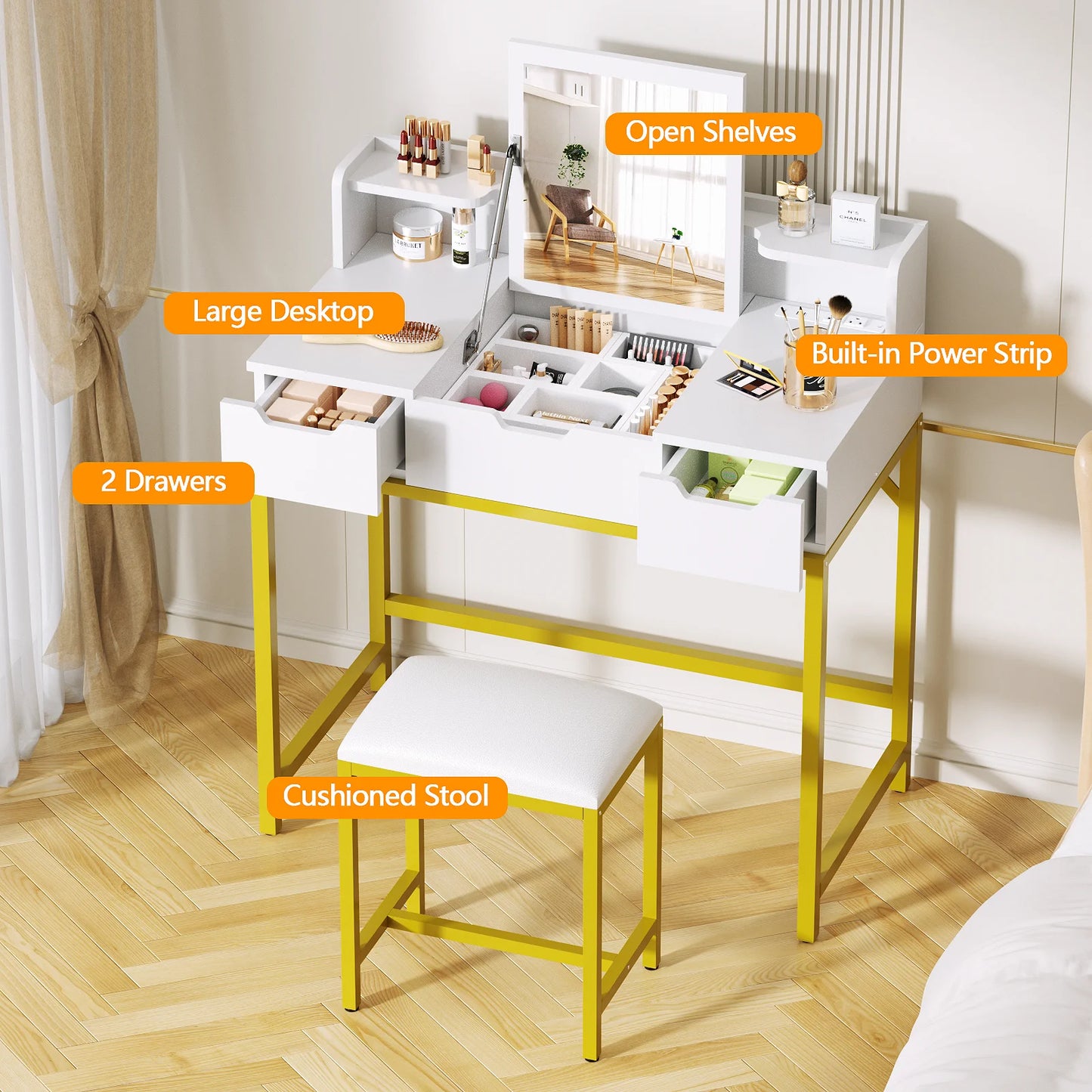 Vanity Desk with LED Lights Mirror and Power Outlets