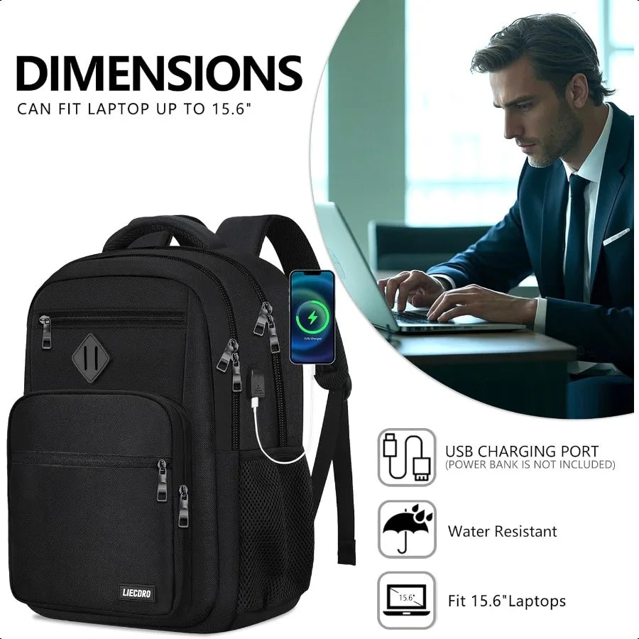 Black Backpack for Men with USB Charging Port