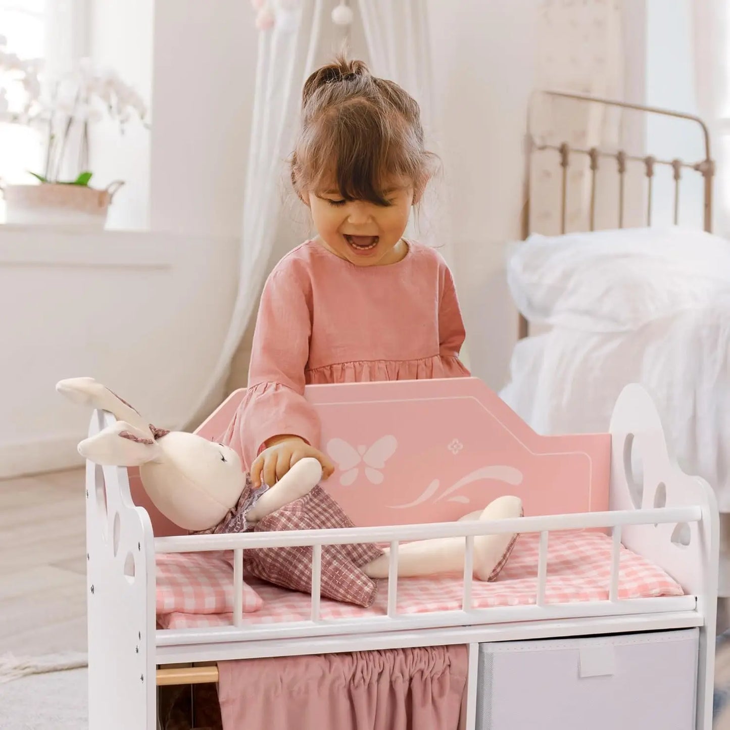 Wooden Baby Doll Crib with Storage Bedding