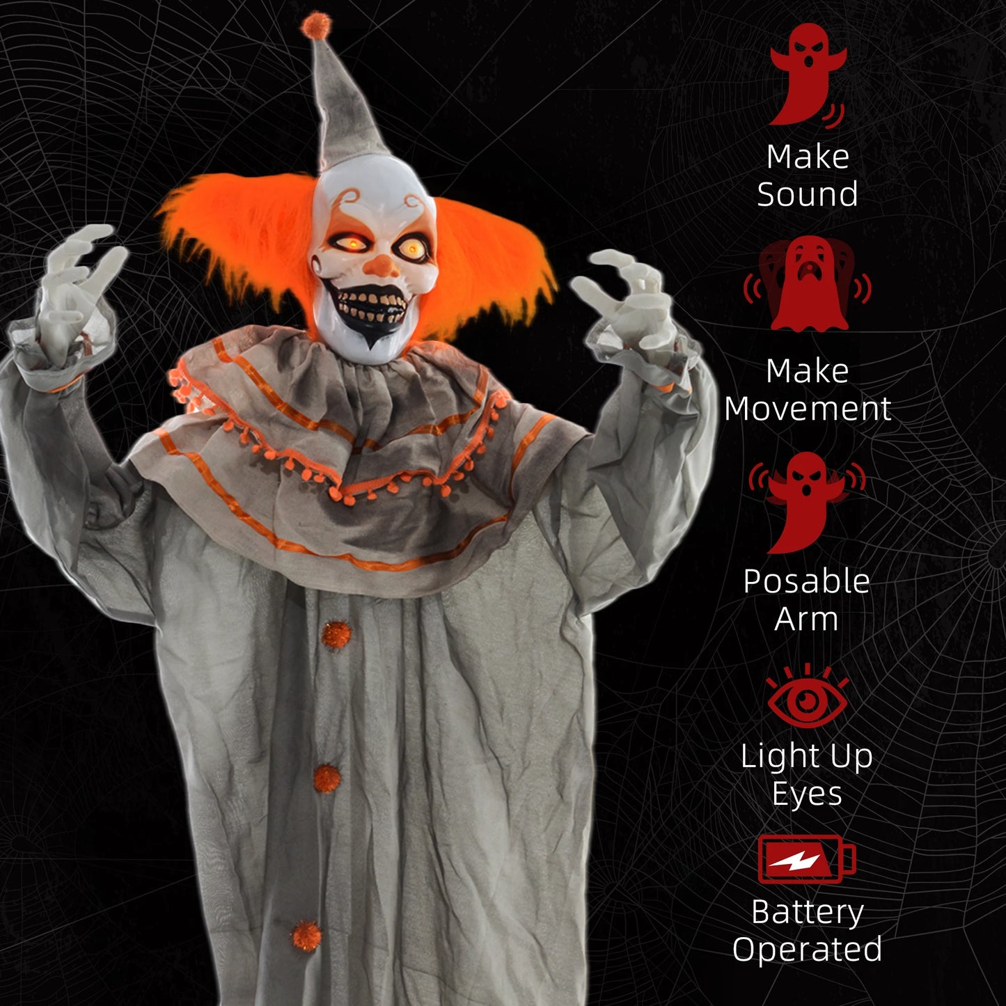 Halloween Clown Animatronic Prop with Light-Up Eyes