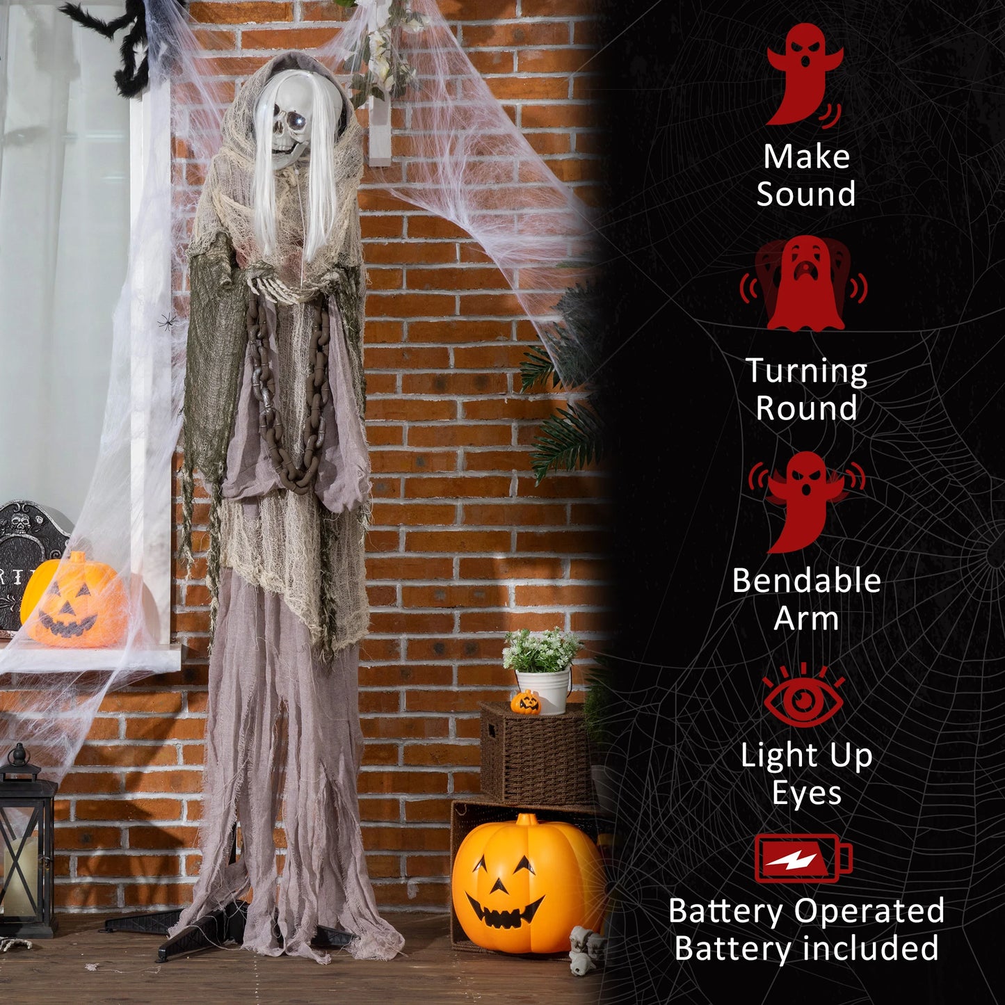 72-Inch Outdoor Life Size Animated Halloween Skeleton Decoration
