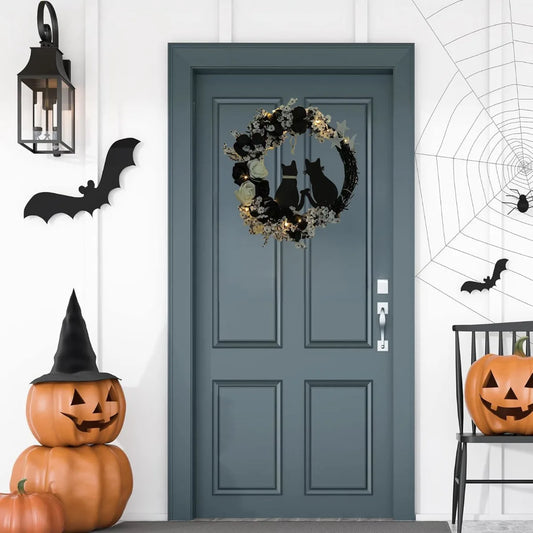 Spooky Black Cat Front Door Wreath