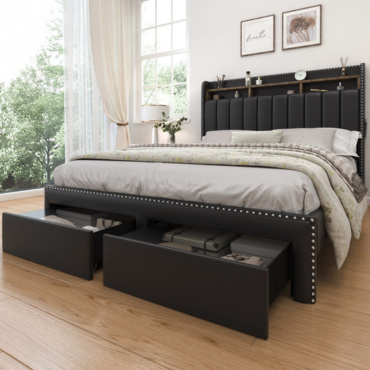 Queen LED Bed Frame   W/ 2-Tier Wingback Headboard