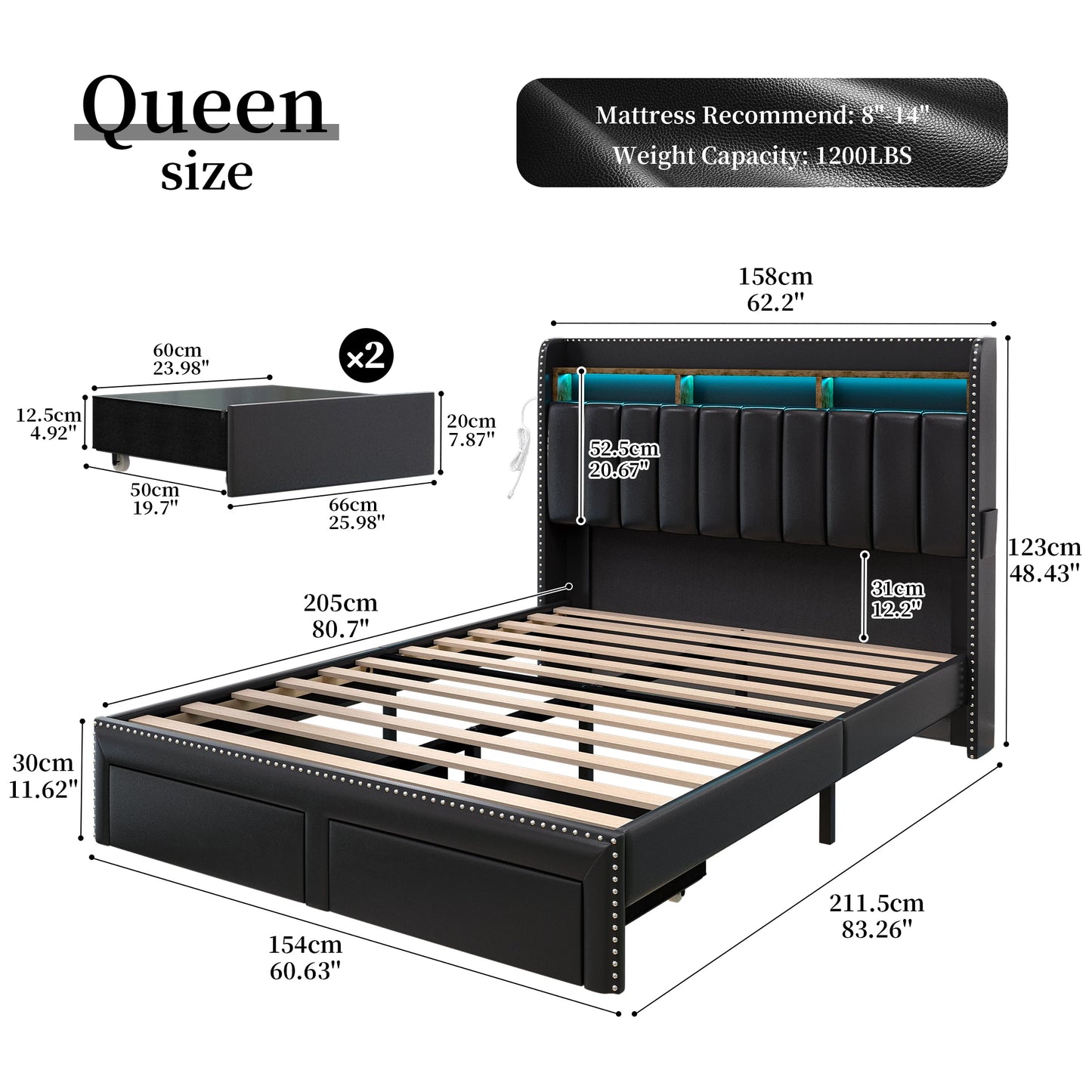 Queen LED Bed Frame   W/ 2-Tier Wingback Headboard