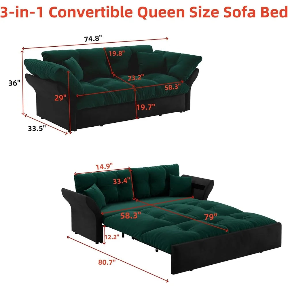 74.8" Queen Pull Out Convertible Futon Couch Sleeper