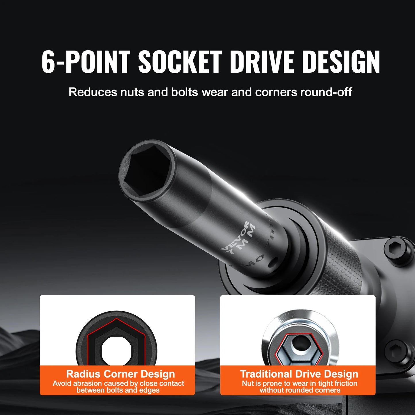 1/2" Drive Impact Socket Set   6 Point Cr-V Alloy Steel for Auto Repair Easy-to-Read Size Markings Rugged Construction