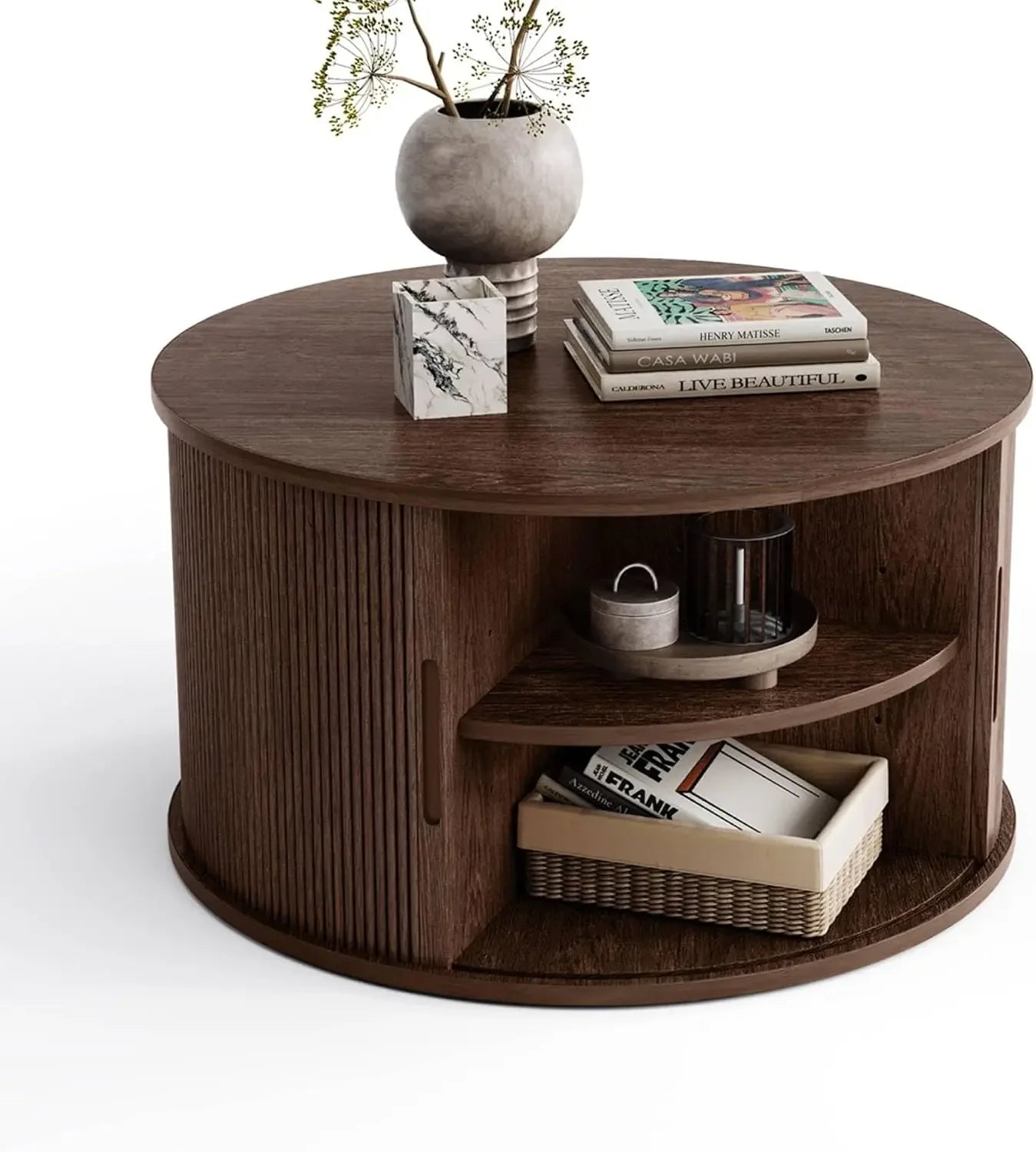 Round Coffee Table, 31.5" Drum Coffee Table with Sliding Tambour Door, Fluted Accent Center Table with Storage, Mid C