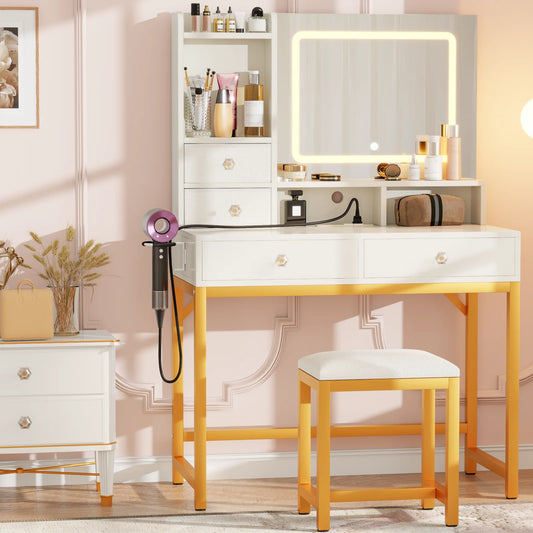 Vanity Desk with LED Lights Mirror and Power Outlets