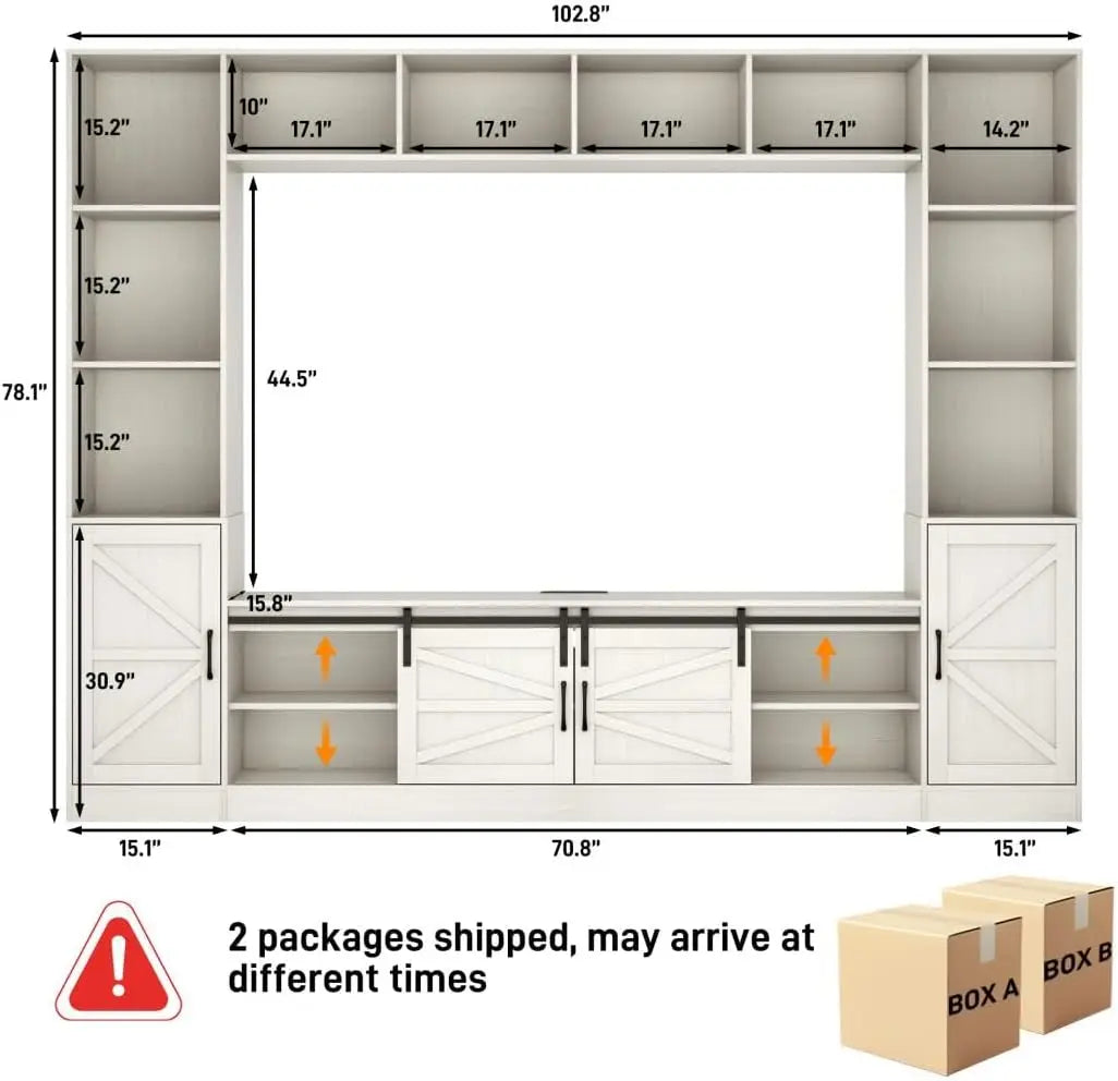 103-inch wall mounted large entertainment center with sliding barn door
