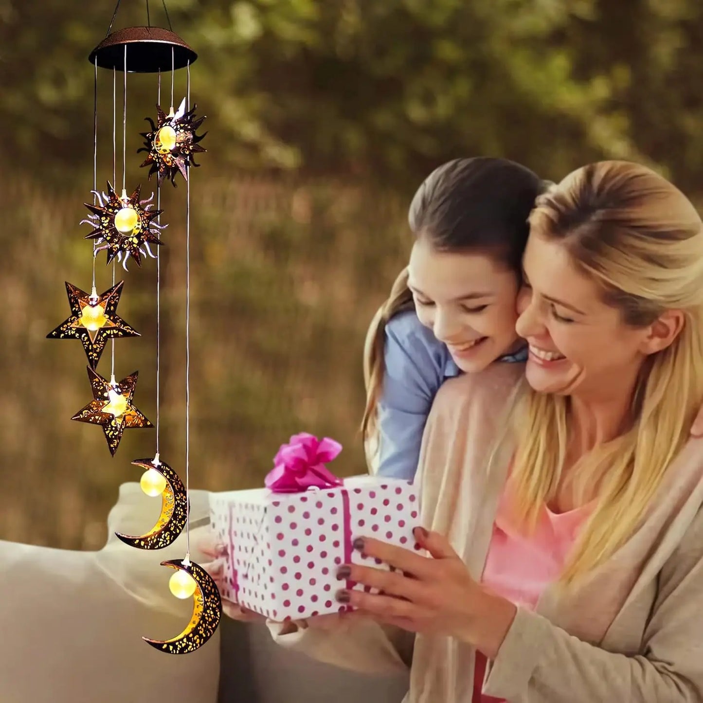 Outdoor Solar Wind Chimes w/ Sun Moon Star Lights