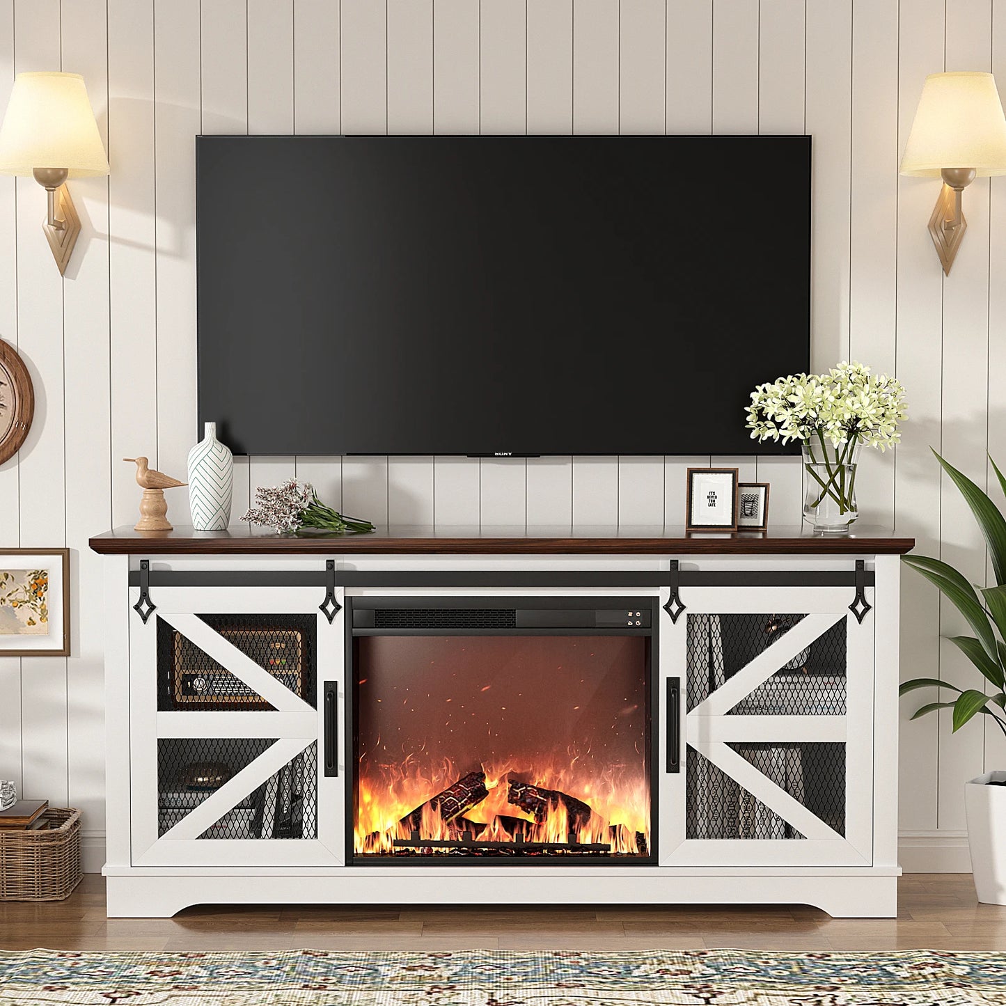 Farmhouse Entertainment Center w/26’’ Electric Fireplace