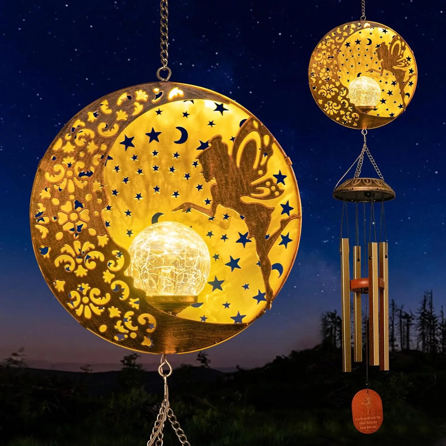 Outdoor Solar Wind Chimes w/ Sun Moon Star Lights