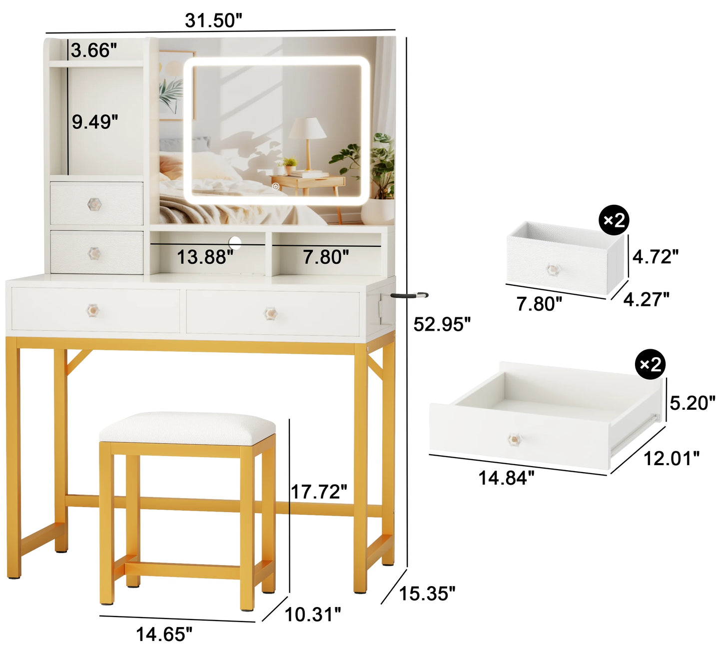 Vanity Desk with LED Lights Mirror and Power Outlets
