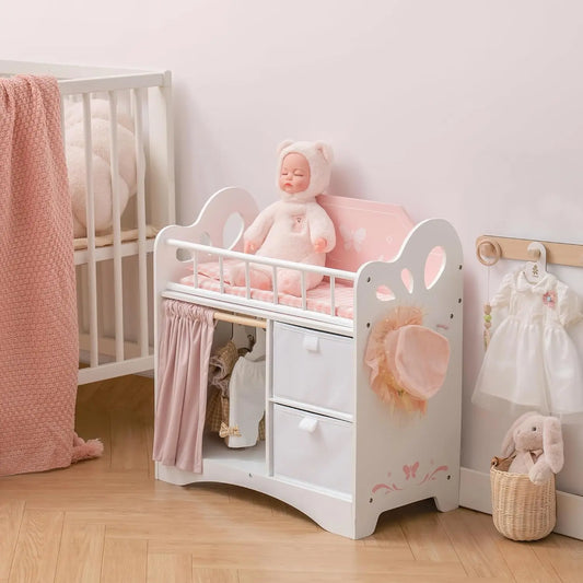 Wooden Baby Doll Crib with Storage Bedding