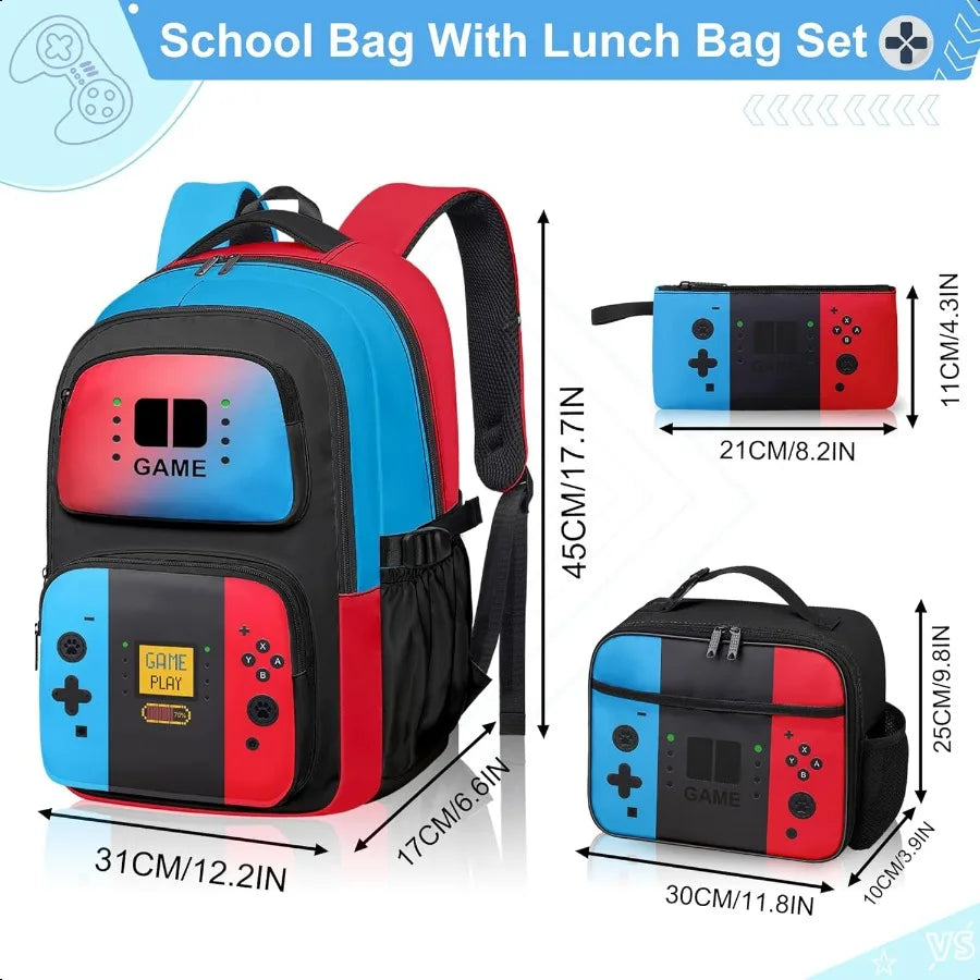 Boys Gaming Backpack with Lunch Box and Pencil Bag