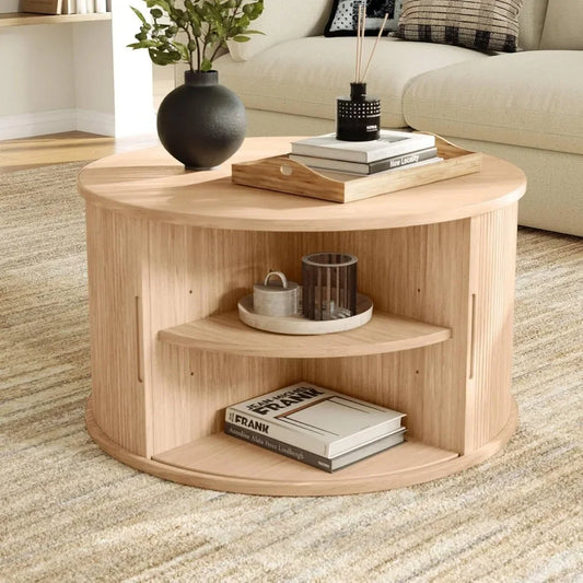 Round Coffee Table, 31.5" Drum Coffee Table with Sliding Tambour Door, Fluted Accent Center Table with Storage, Mid C