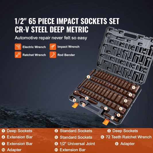 1/2" Drive Impact Socket Set   6 Point Cr-V Alloy Steel for Auto Repair Easy-to-Read Size Markings Rugged Construction