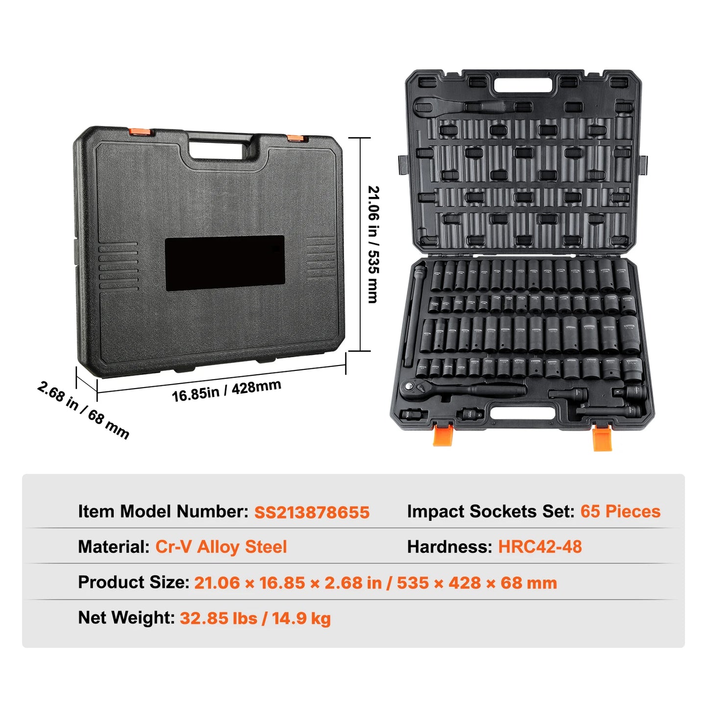 1/2" Drive Impact Socket Set   6 Point Cr-V Alloy Steel for Auto Repair Easy-to-Read Size Markings Rugged Construction