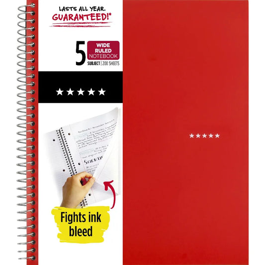 5 Subject Spiral Notebook Wide Ruled 8 x 10