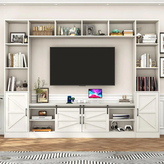 103-inch wall mounted large entertainment center with sliding barn door