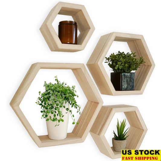 Natural Wood Hexagon Floating Shelves